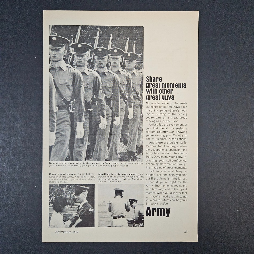1964 US United States Army Vintage Print Ad Soldiers Parade Sharpshooter's Medal